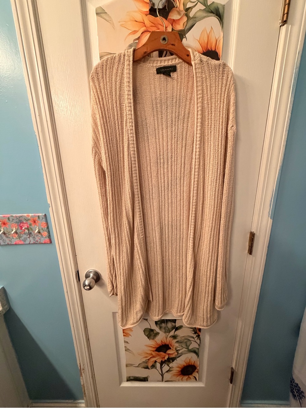 Tahari Cream Ribbed Open-Front Cardigan